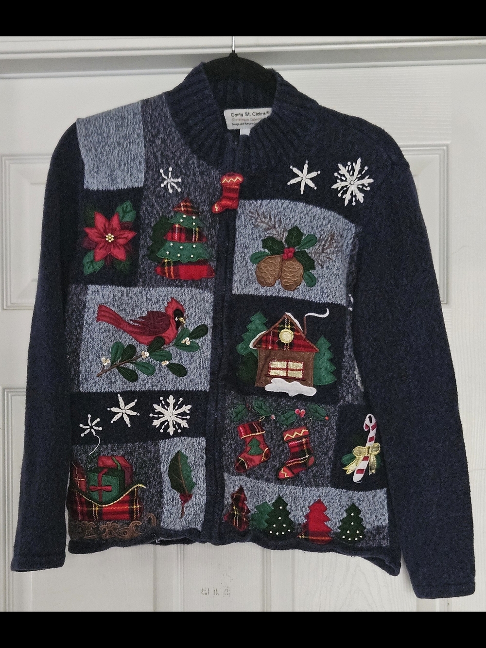 CARLY ST CLAIRE Ugly Christmas Blue Zip Up Sweater Beaded/Embroidered Sz SMALL